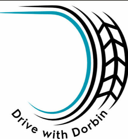Drive with Dorbin logo — black tyre with a teal curve